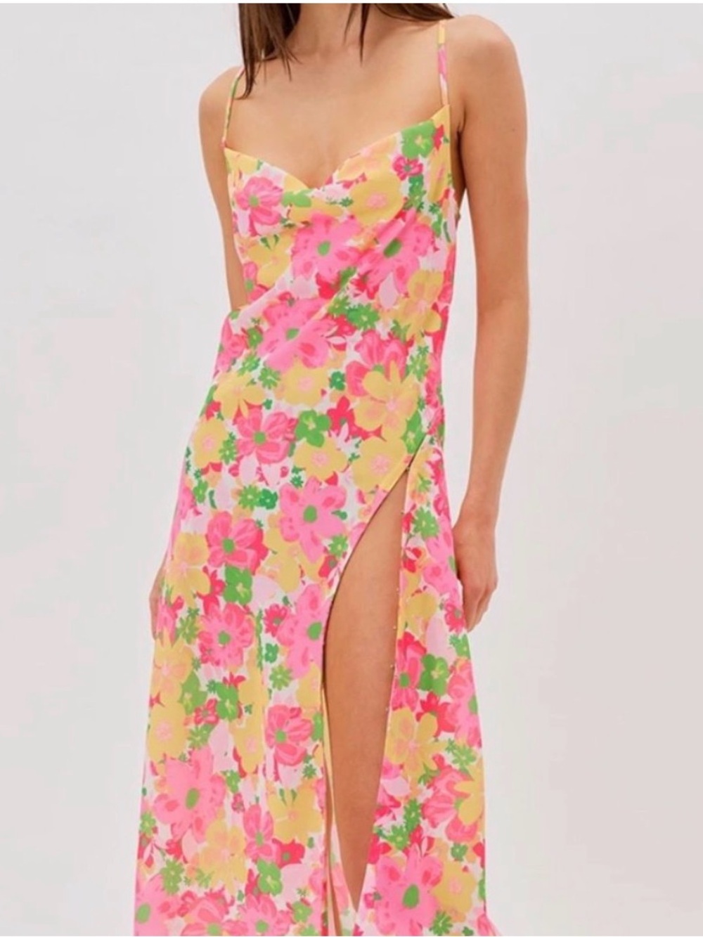 For Love & Lemons Floral Pink & Yellow Slip Midi Dress with Adjustable Side Slit